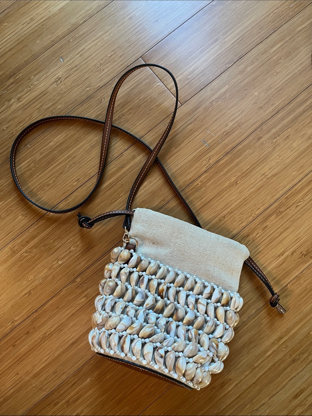 Zara Shell-Beaded Crossbody in Natural and Brown